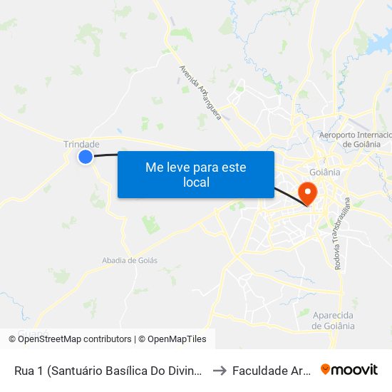 Rua 1 (Santuário Basílica Do Divino Pai Eterno) to Faculdade Araguaia map