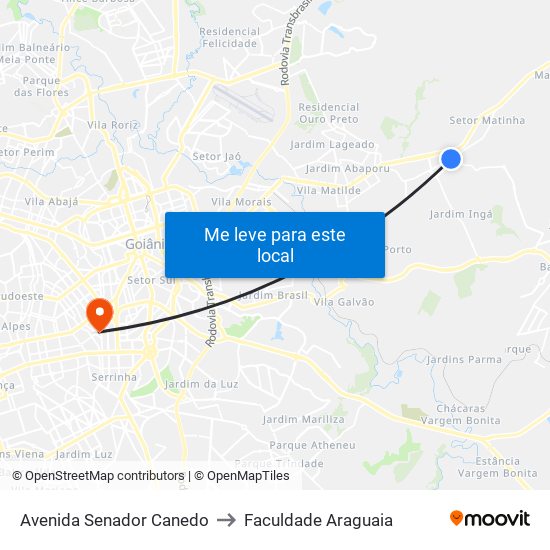 Avenida Senador Canedo to Faculdade Araguaia map