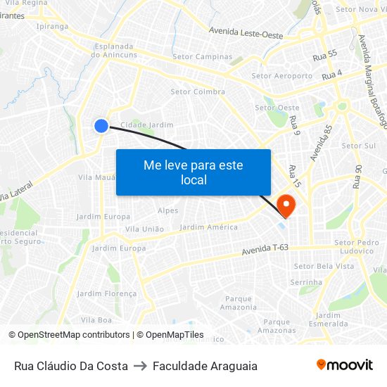 Rua Cláudio Da Costa to Faculdade Araguaia map