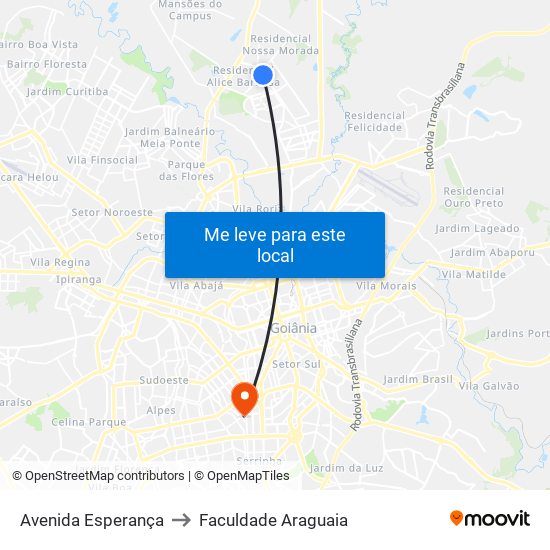 Avenida Esperança to Faculdade Araguaia map