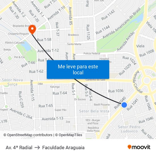 Av. 4ª Radial to Faculdade Araguaia map
