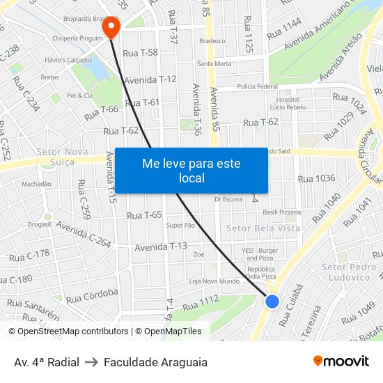 Av. 4ª Radial to Faculdade Araguaia map