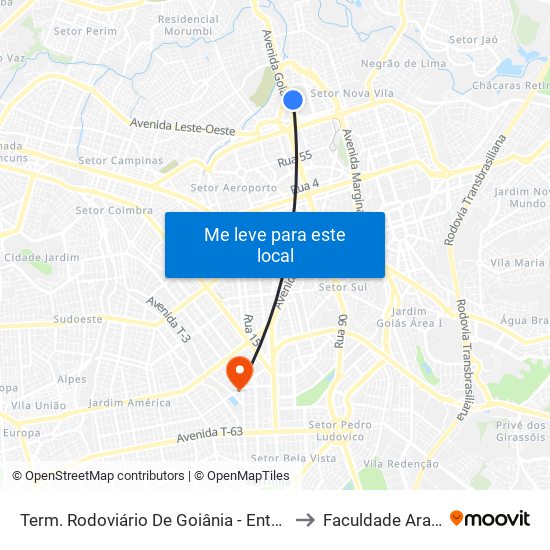 Term. Rodoviário De Goiânia - Entrada Oeste to Faculdade Araguaia map