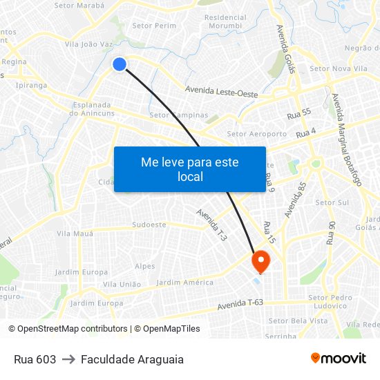 Rua 603 to Faculdade Araguaia map