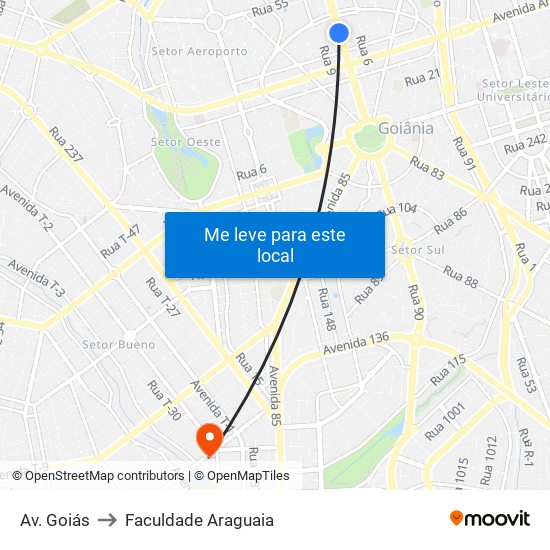 Av. Goiás to Faculdade Araguaia map