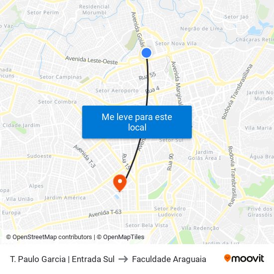 T. Paulo Garcia | Entrada Sul to Faculdade Araguaia map