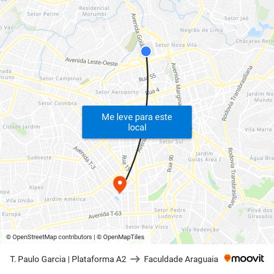 T. Paulo Garcia | Plataforma A2 to Faculdade Araguaia map