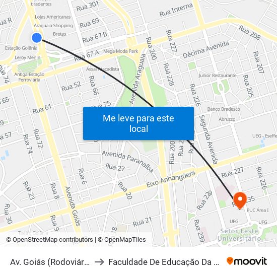 Av. Goiás (Rodoviária) to Faculdade De Educação Da Ufg map