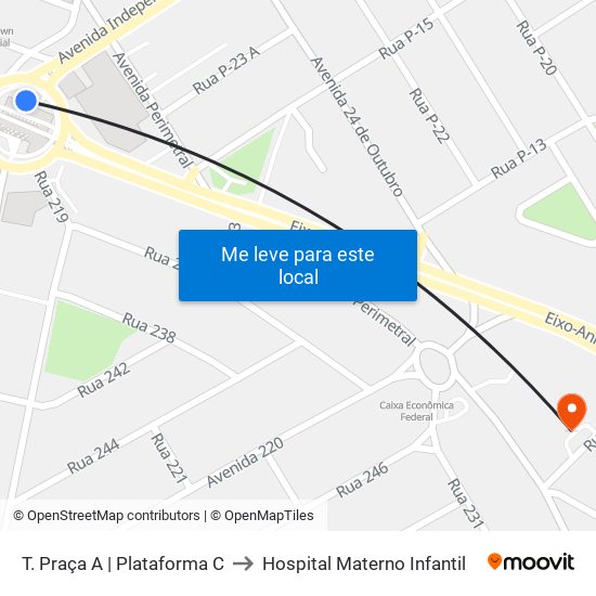 T. Praça A | Plataforma C to Hospital Materno Infantil map
