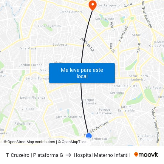 T. Cruzeiro | Plataforma G to Hospital Materno Infantil map