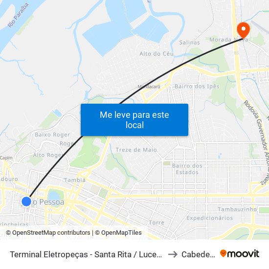 Terminal Eletropeças - Santa Rita / Lucena to Cabedelo map