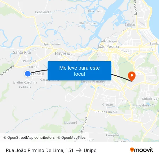Rua João Firmino De Lima, 151 to Unipê map
