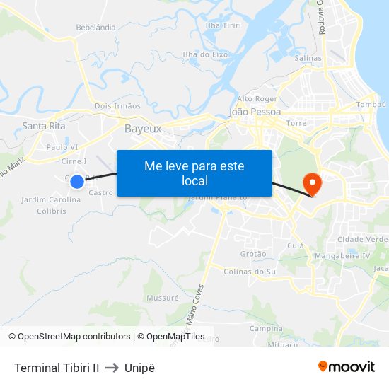 Terminal Tibiri II to Unipê map