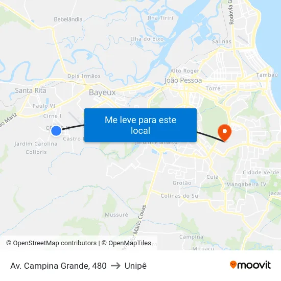 Av. Campina Grande, 480 to Unipê map