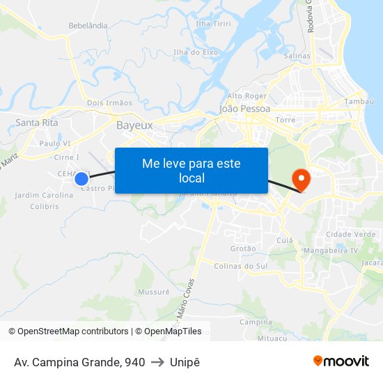 Av. Campina Grande, 940 to Unipê map