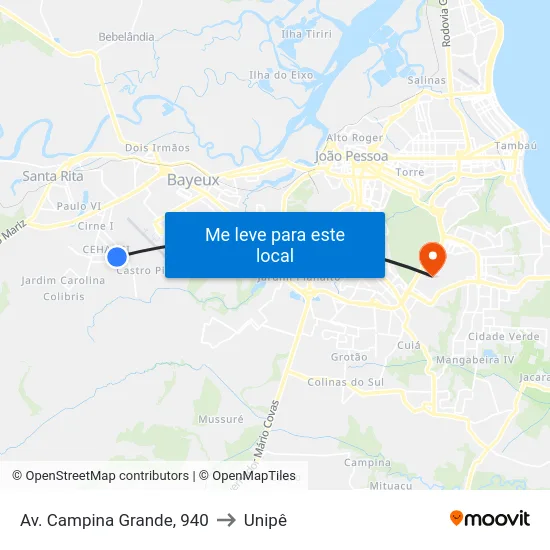 Av. Campina Grande, 940 to Unipê map
