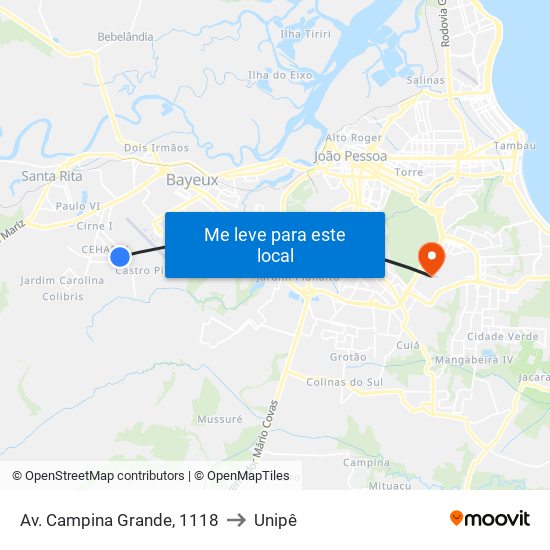 Av. Campina Grande, 1118 to Unipê map