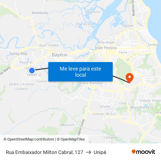 Rua Embaixador Milton Cabral, 127 to Unipê map