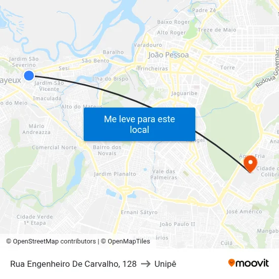 Rua Engenheiro De Carvalho, 128 to Unipê map