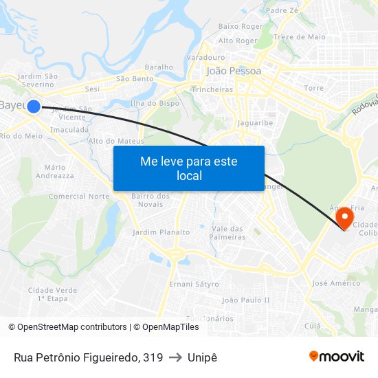 Rua Petrônio Figueiredo, 319 to Unipê map