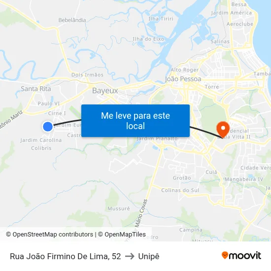 Rua João Firmino De Lima, 52 to Unipê map