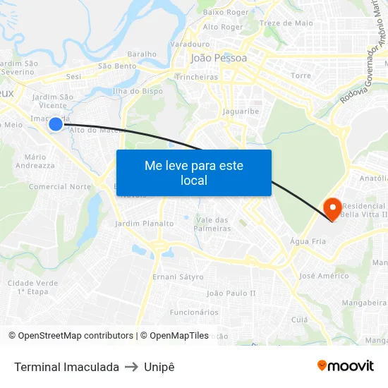 Terminal Imaculada to Unipê map