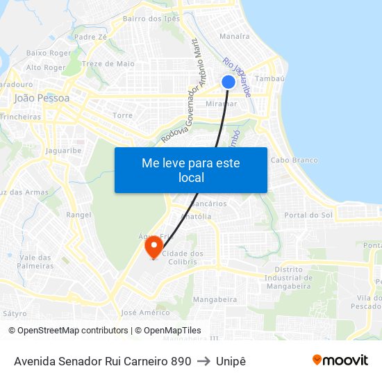 Avenida Senador Rui Carneiro 890 to Unipê map