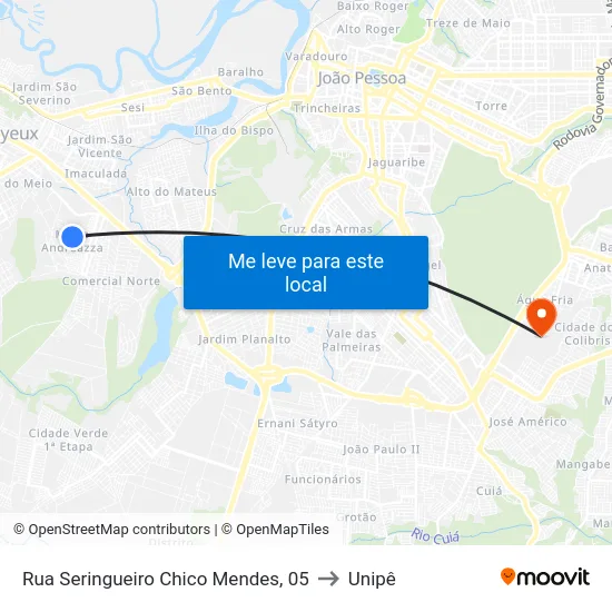 Rua Seringueiro Chico Mendes, 05 to Unipê map