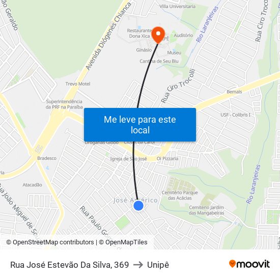 Rua José Estevão Da Silva, 369 to Unipê map