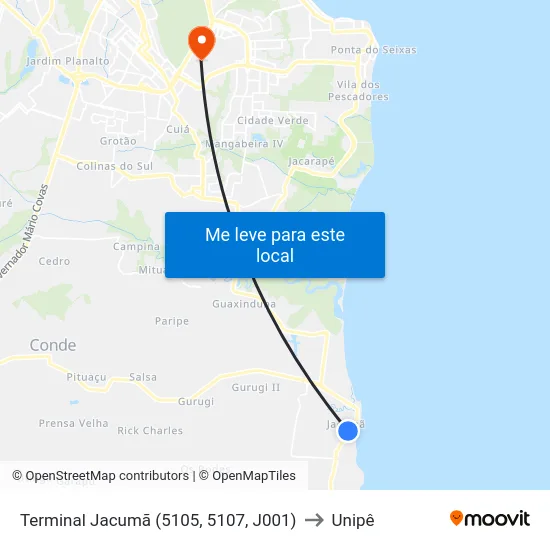 Terminal Jacumã (5105, 5107, J001) to Unipê map