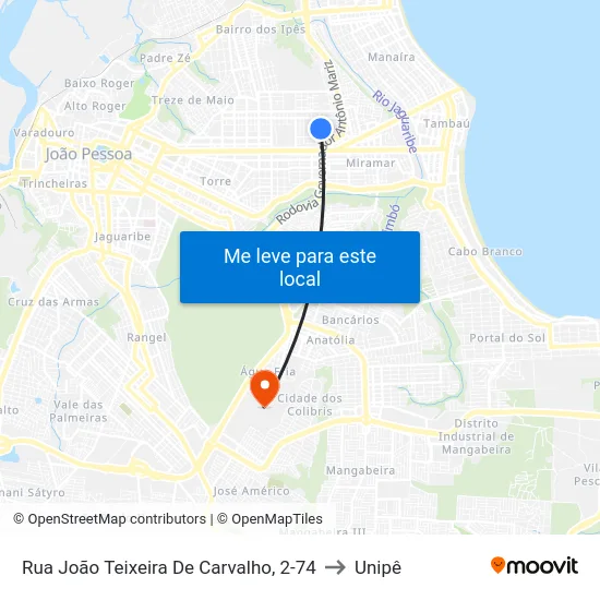 Rua João Teixeira De Carvalho, 2-74 to Unipê map