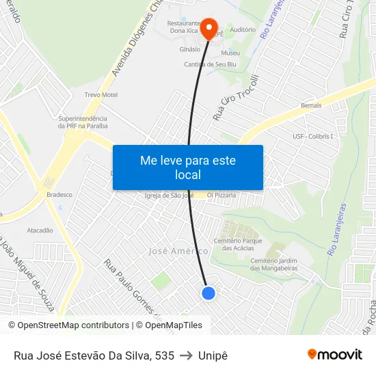 Rua José Estevão Da Silva, 535 to Unipê map