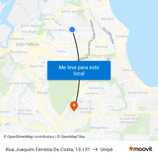 Rua Joaquim Ferreira Da Costa, 13-131 to Unipê map