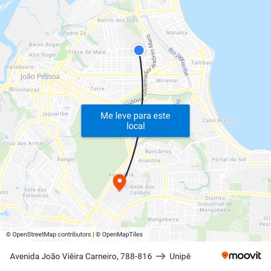 Avenida João Viêira Carneiro, 788-816 to Unipê map