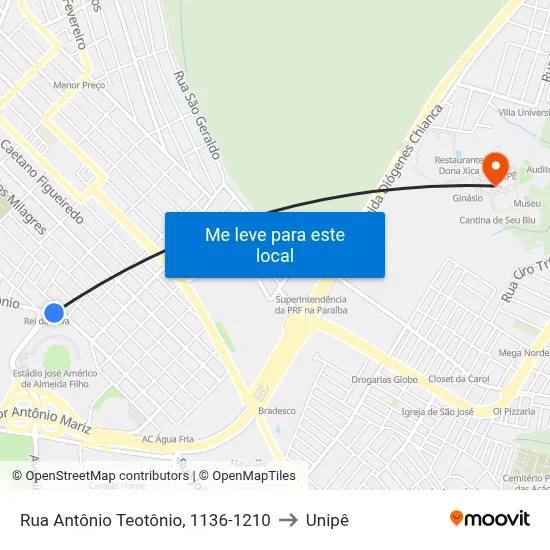 Rua Antônio Teotônio, 1136-1210 to Unipê map