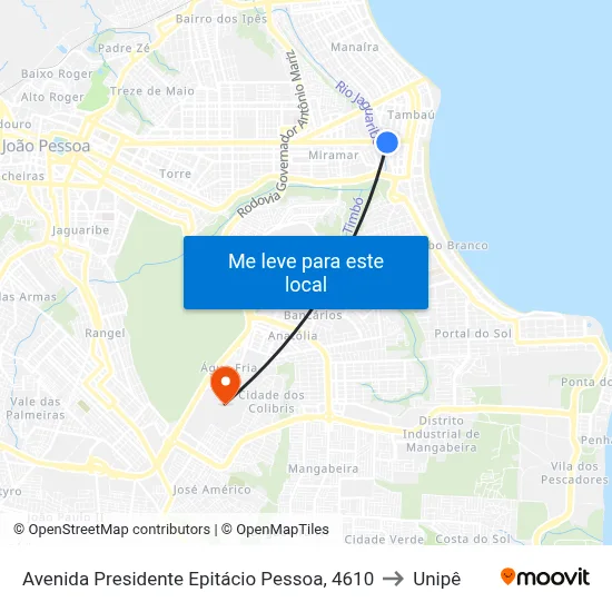 Avenida Presidente Epitácio Pessoa, 4610 to Unipê map