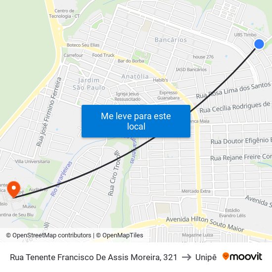 Rua Tenente Francisco De Assis Moreira, 321 to Unipê map