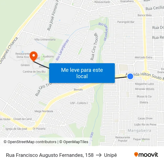 Rua Francisco Augusto Fernandes, 158 to Unipê map