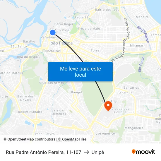 Rua Padre Antônio Pereira, 11-107 to Unipê map