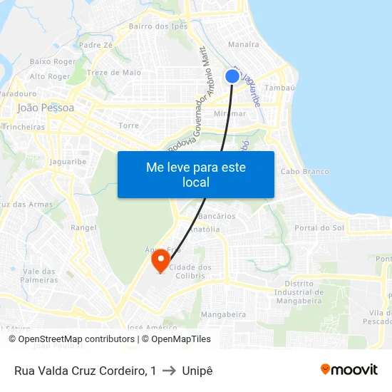 Rua Valda Cruz Cordeiro, 1 to Unipê map