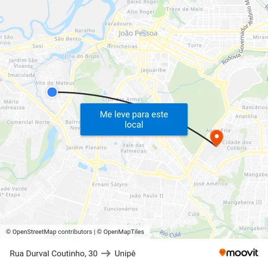 Rua Durval Coutinho, 30 to Unipê map