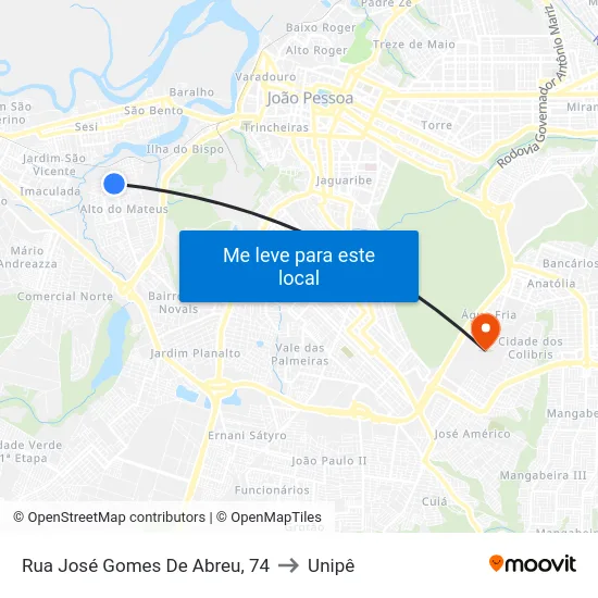 Rua José Gomes De Abreu, 74 to Unipê map