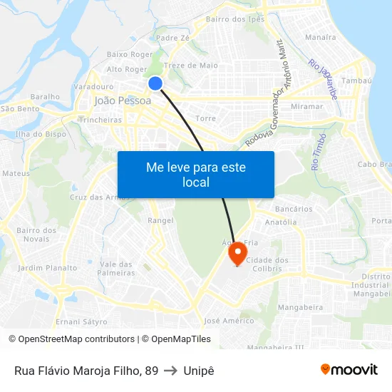 Rua Flávio Maroja Filho, 89 to Unipê map