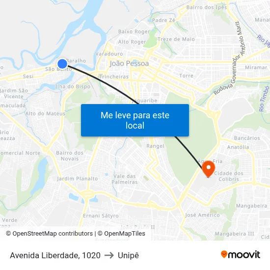 Avenida Liberdade, 1020 to Unipê map