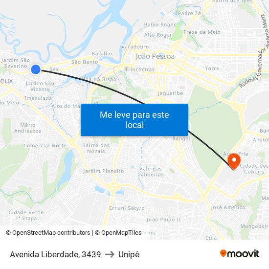 Avenida Liberdade, 3439 to Unipê map