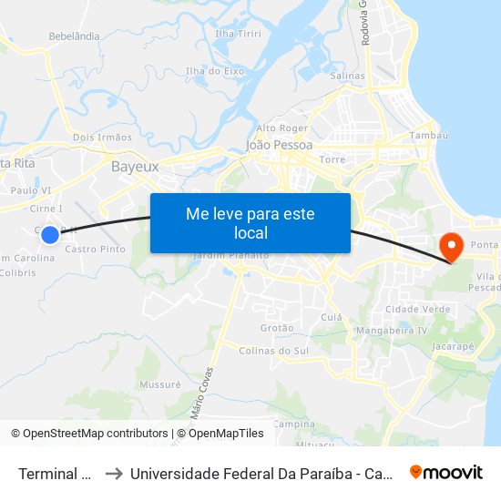 Terminal Tibiri II to Universidade Federal Da Paraíba - Campus Mangabeira map