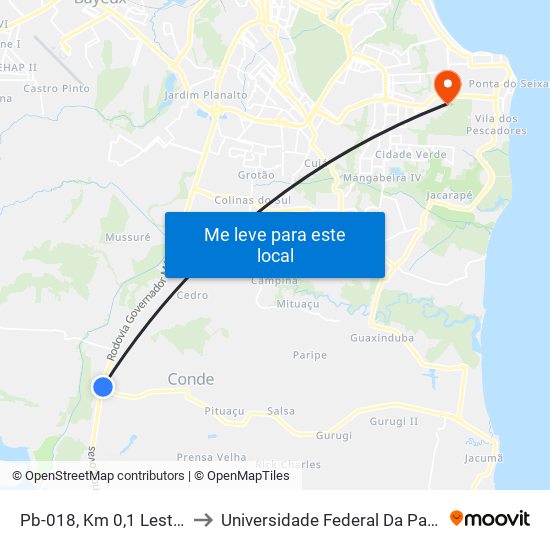 Pb-018, Km 0,1 Leste - Entrada Do Conde to Universidade Federal Da Paraíba - Campus Mangabeira map