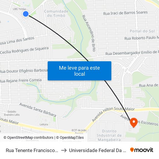 Rua Tenente Francisco De Assis Moreira, 280-336 to Universidade Federal Da Paraíba - Campus Mangabeira map