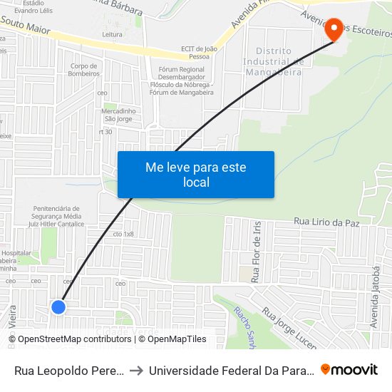 Rua Leopoldo Pereira Lima, 145-193 to Universidade Federal Da Paraíba - Campus Mangabeira map