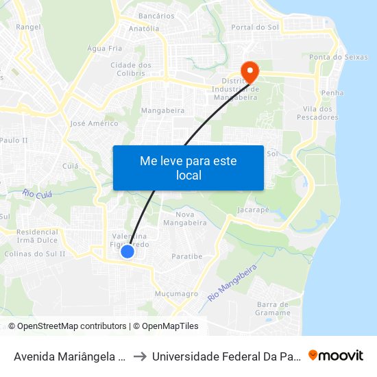 Avenida Mariângela Lucena Peixoto, 1451 to Universidade Federal Da Paraíba - Campus Mangabeira map